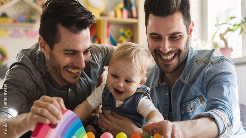 "Pr1de" LGBTQ+ couple enjoying time at home with they children, (generative AI)