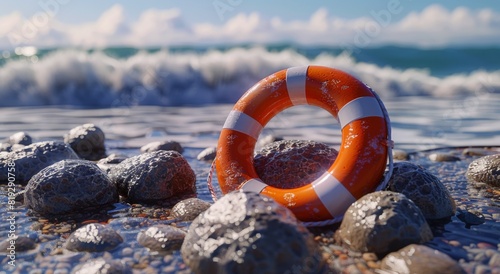 Life Preserver Rests on Rock on Beach