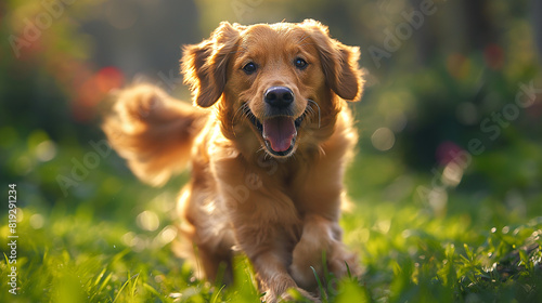 Dog running freely outdoors, grass, golden retriever