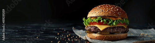 A high resolution photograph of hamburger elegance on newspaper, featuring an enormous cheeseburger with brioche bun and lettuce tomato in the center of frame, surrounded by black computer screen back