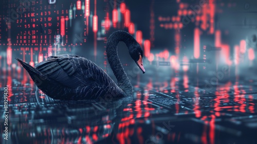 Black Swan on the background of currency charts. Concept. A rare and unexpected event that has a major effect, such as a financial crash .