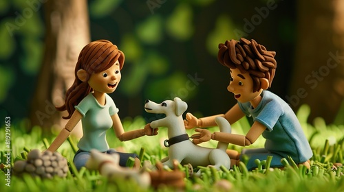 Cute young couple playing with their dog on the grass, casual, The season is summer, The objects and scenes are made of clay and have the texture of clay, 