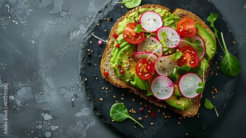 Avocado Toast with Cherry Tomatoes and Radishes, Healthy Open-Faced Sandwich, Dark Slate Background, Top View, Ideal for Food Blogs and Marketing, Copyspace