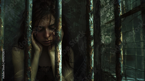 A depressed girl is imprisoned in an old jail with iron bars. Her metal cage symbolizes her captivity.