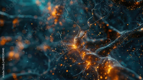 a closeup of neurons in the brain glowing with energy