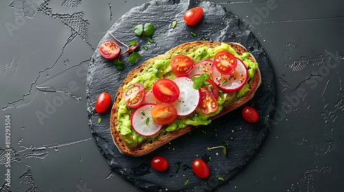 Avocado Toast with Cherry Tomatoes and Radishes, Healthy Open-Faced Sandwich, Dark Slate Background, Top View, Ideal for Food Blogs and Marketing, Copyspace