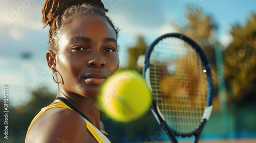 Pretty black woman tennis player athlete. Sports, diversity and inclusion concept
