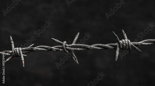 Barbed wire on a black background, a common security measure. Sharp fence for protection. Close-up view with crossed lines of barbed wire.