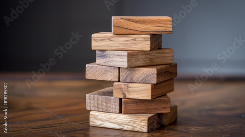 Carefully stacking wooden blocks to create a tower staircase helps visualize the challenges of managing financial risks and planning business strategies.
