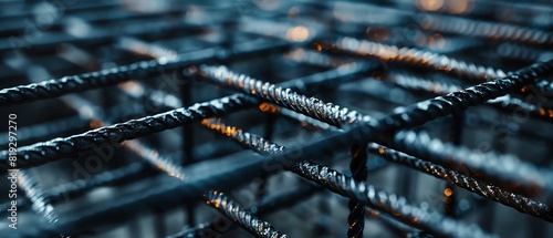 Black steel rebar frame for concrete pouring at a construction site. Close up of a blueprint mesh in the form of an L shape, with a focus on the iron grid, in the style of a building materials concept