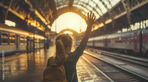 Waving goodbye at the train station, a young girl bids farewell to a boy in an emotional scene filled with feelings of love and parting. Girl waving to a boy