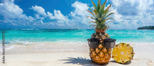 Pineapple with sunglasses, beach, ocean, sea in background, summer, holiday, travel, vacation