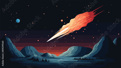 Vector illustration of glowing comet falling to pla