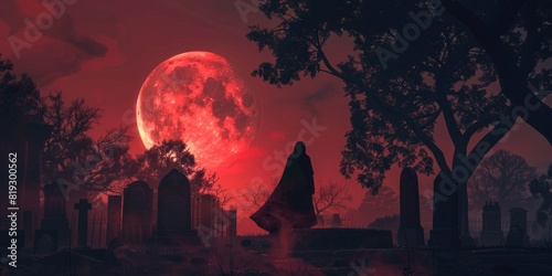  Red full moon over creepy Halloween graveyard with red cloaked figure