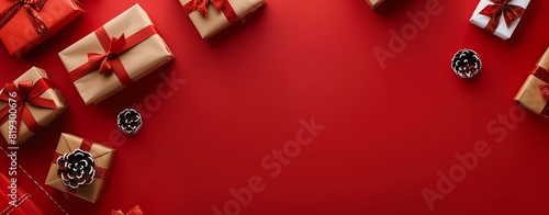 Christmas gifts on a red background, top view with space for text, flat lay, banner, mock up, photorealistic, high resolution, high detail, copy space, stock photography, high quality.