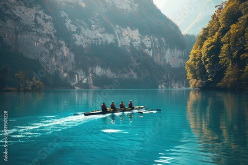 Four people rowing in a boat on a lake surrounded by mountains. AIG51A.