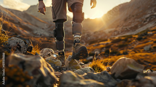 Close up person with prosthetic legs in trekking boots with mountains on backdrop