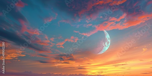 Blue crescent moon in a pink and orange sky. AIG51A.