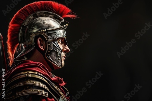 Roman legionary soldier in red armor and helmet over black background