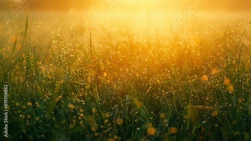 Sunlit dewy meadow at sunrise