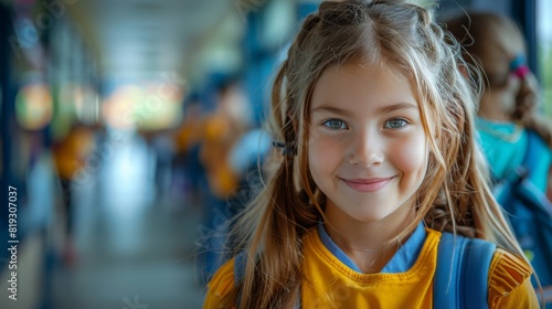 Little Girl With Blue Eyes Standing in Hallway