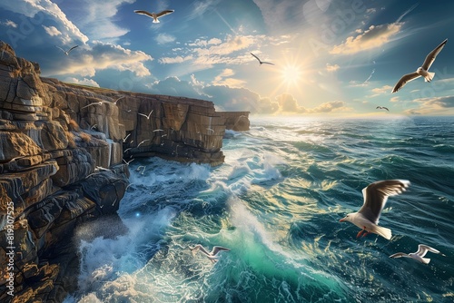 : A rocky coastline with dramatic cliffs rising above the crashing waves of a turquoise sea, with seagulls soaring in the sky and the sun setting on the horizon.