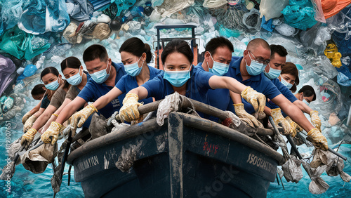 people cleaning the plastic waste polluted water, on a boat, save the planet, illustration