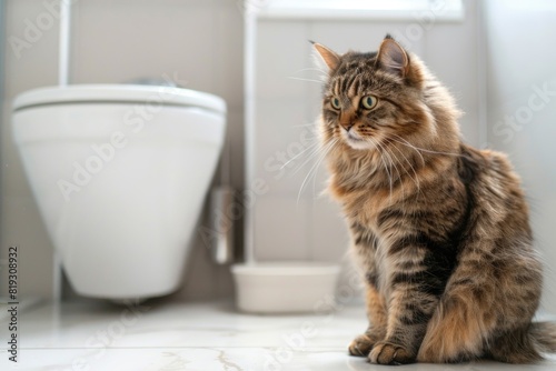  Sad domestic cat sitting on bathroom floor, looking ashamed after urinating outside the litter box
