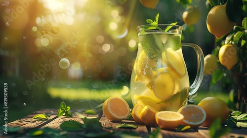 A pitcher of freshly squeezed lemonade sitting on a rustic wooden table in dappled sunlight, surrounded by slices of lemon and mint leaves.