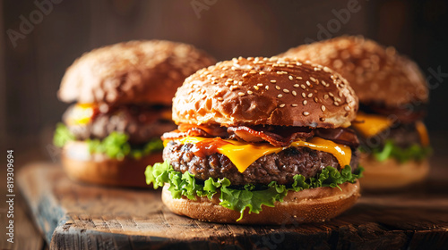 delicious cheeseburgers on wooden board. Three juicy cheeseburgers with lettuce, cheese, and bacon on a wooden board, showcasing a mouth-watering presentation..