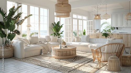 A Scandinavian retro coastal chic living room with whitewashed wood, rattan furniture, and coastal accents.