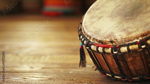 Close-up of traditional ethnic drum on wooden surface