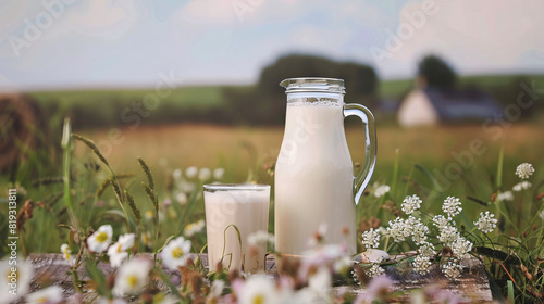 Fresh milk on a wooden table. A clear glass pitcher and a glass of fresh milk sit on a rustic wooden table in a meadow, surrounded by wildflowers and greenery, with a farmhouse in the background..