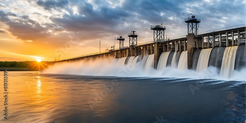  the dam flows clean water in the morning, Industrial waste water treatment plant purifying water 