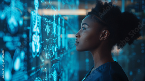 Young black trainee doctor nurse studying ai medical scans. futuristic holographic artificial intelligence hologram of human body. Anatomical diagram. Futuristic & innovative healthcare