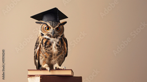 Owl Wearing Graduation Cap Perched on Books