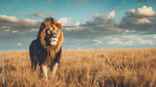 majestic lion in the savannah. A powerful and majestic lion stands tall in the savannah, with a beautiful blue sky and clouds in the background..