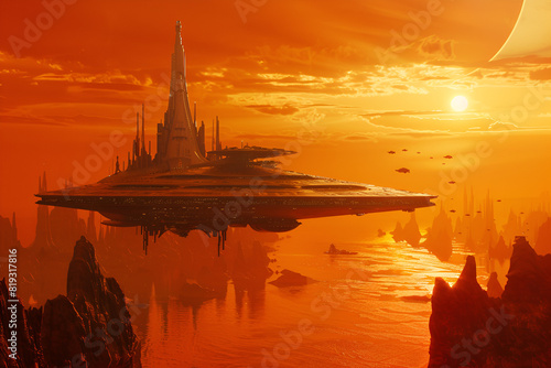  Science fiction landscape with futuristic city at orange dusk on the alien planet.