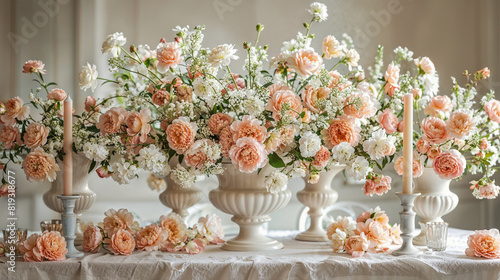 Romantic flowers in white vases standing on a rustic table. 