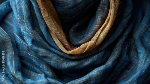  A blue and gold scarf with a yellow stripe at the bottom is shown in a close-up