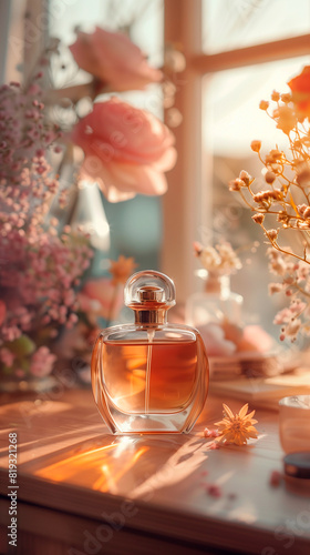 A perfume bottle placed on a vanity table, surrounded by other beauty products, the pursuit of elegance and self-care pink flowers