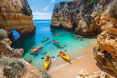 View of cliffs and canoes on ocean, beach near Albufeira, Portugal