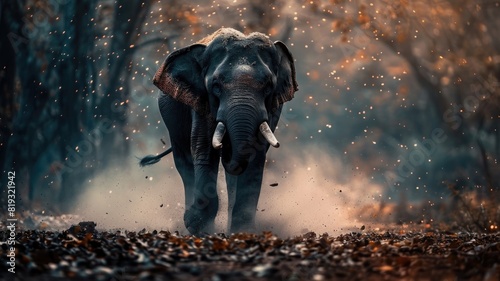 Majestic elephant runs through forest with dusty leaves flying