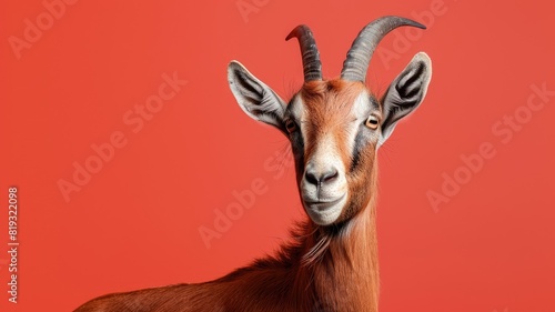 Brown goat with curved horns on red background