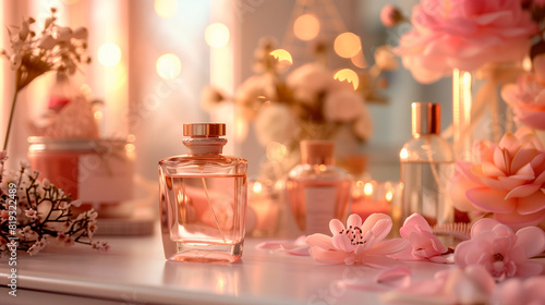 A perfume bottle placed on a vanity table, surrounded by other beauty products, the pursuit of elegance and self-care pink flowers