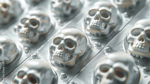 Skull shaped pills in blister pack, deadly tablet, suicide drug addiction concept, toxic painkillers and legal drugs.