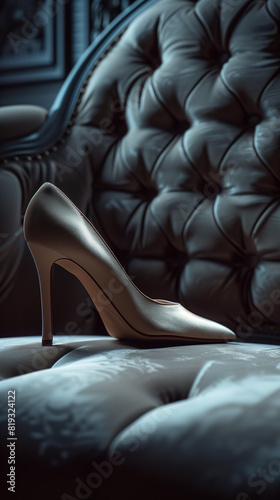 black and white gray scale A stiletto heel resting on a velvet cushion, capturing the delicate balance between elegance and power