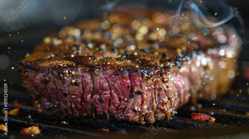 Juicy steak on a grill with spices. A mouthwatering image of a juicy steak sizzling on a grill, sprinkled with spices and herbs, perfect for a barbecue..