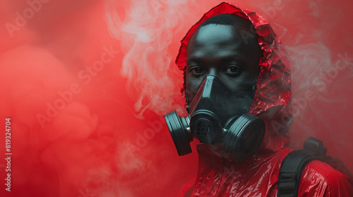 conceptual photography of black man wearing a toxicity mask and red protective equipment, red smoke, pollution awareness campaign