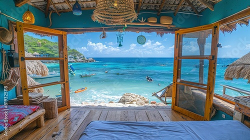  A bedroom featuring an ocean view and a blue bedspread adorning the bed